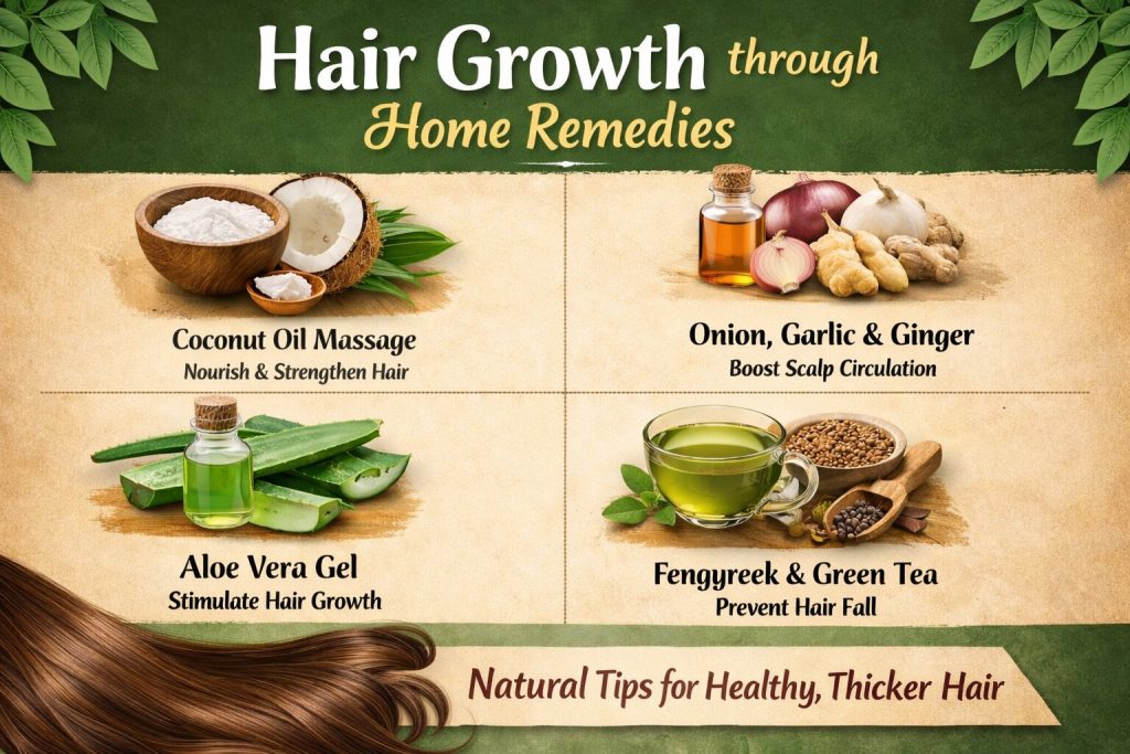 Hair growth through home remedies infographic showing coconut oil, aloe vera, fenugreek, amla, and rosemary oil for healthy hair