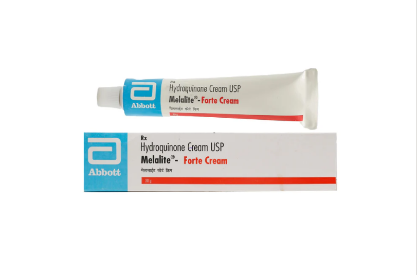 Melalite Forte Cream 4% – Hydroquinone Skin Lightening Cream Melalite Forte 4% cream tube for treating melasma and skin pigmentation