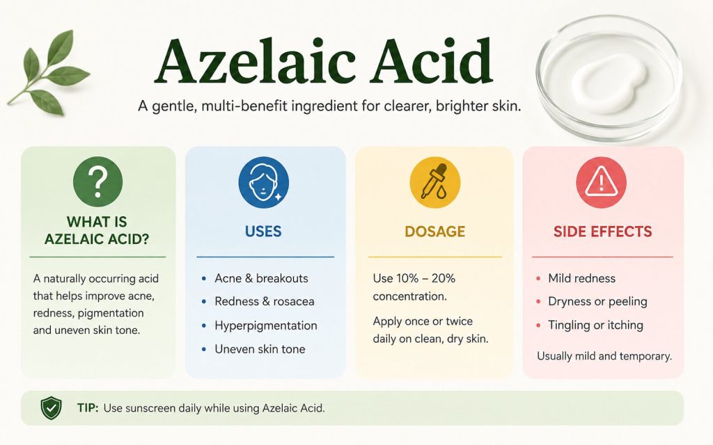 Azelaic Acid infographic showing uses, dosage guidelines, and common side effects for acne, rosacea, and hyperpigmentation treatment.