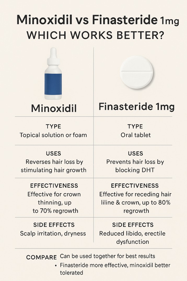 Comparison chart of Minoxidil vs Finasteride 1mg for hair loss treatment, showing differences in type, uses, effectiveness, side effects, and combined use benefits.”