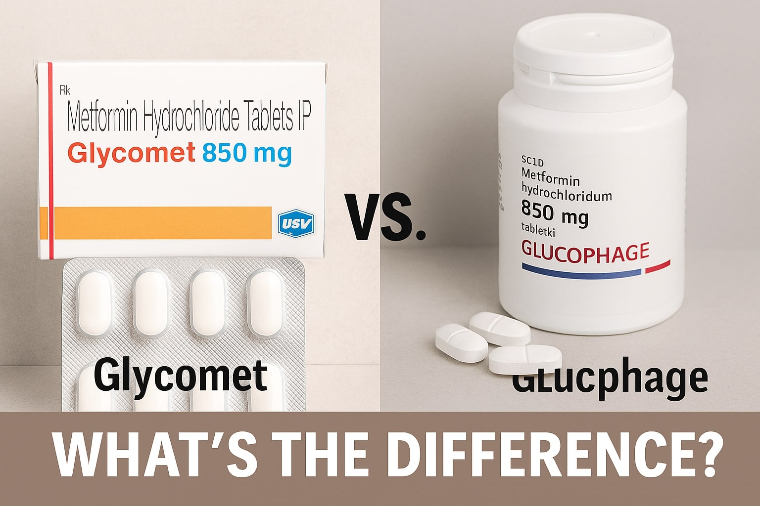 Comparison of Glycomet 850mg and Glucophage tablets highlighting differences in composition, dosage, and brand