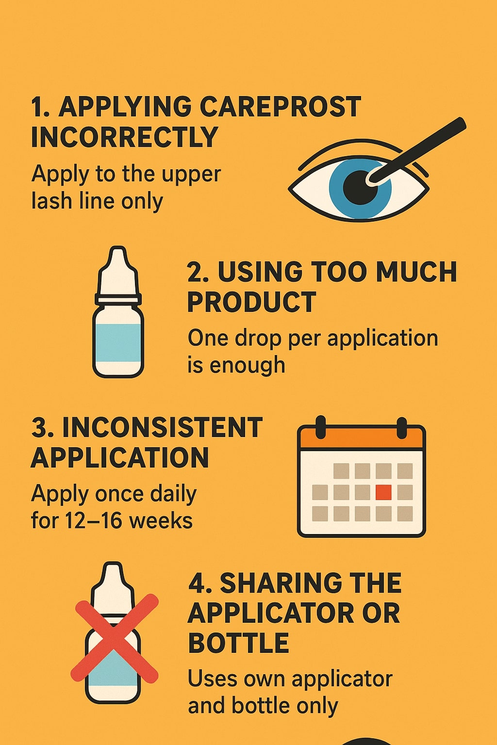 Infographic showing the top 5 mistakes to avoid when using Careprost: incorrect application, using too much product, inconsistent application, sharing the applicator or bottle, and ignoring side effects.