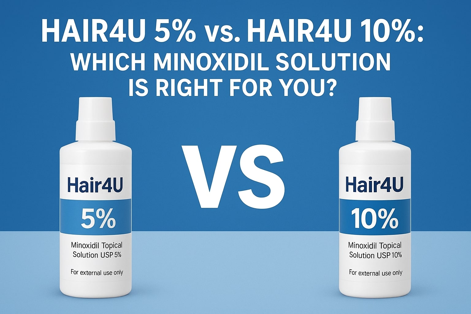 Infographic comparing Hair4U 5% vs. Hair4U 10% Minoxidil solution for hair regrowth. Highlights strength, effectiveness, recommended users, side effects, and guidance on choosing the right treatment for hair loss.”