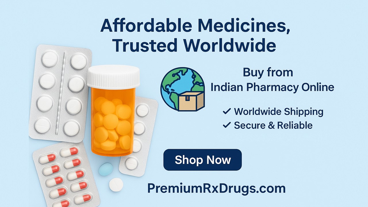 Illustration of online pharmacy concept showing prescription drugs, laptop, and shopping cart symbolizing buying medicines online from India.