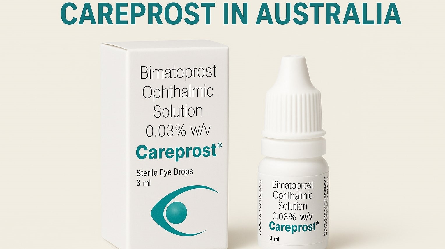 Careprost Eyelash Serum 0.03% bottle and box displayed on a neutral background with “Careprost in Australia