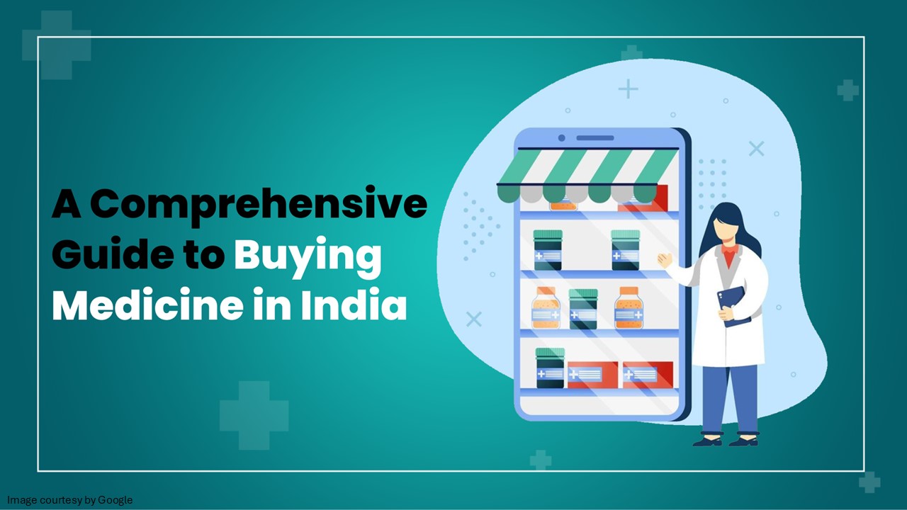 Illustration of online pharmacy concept showing prescription drugs, laptop, and shopping cart symbolizing buying medicines online from India.