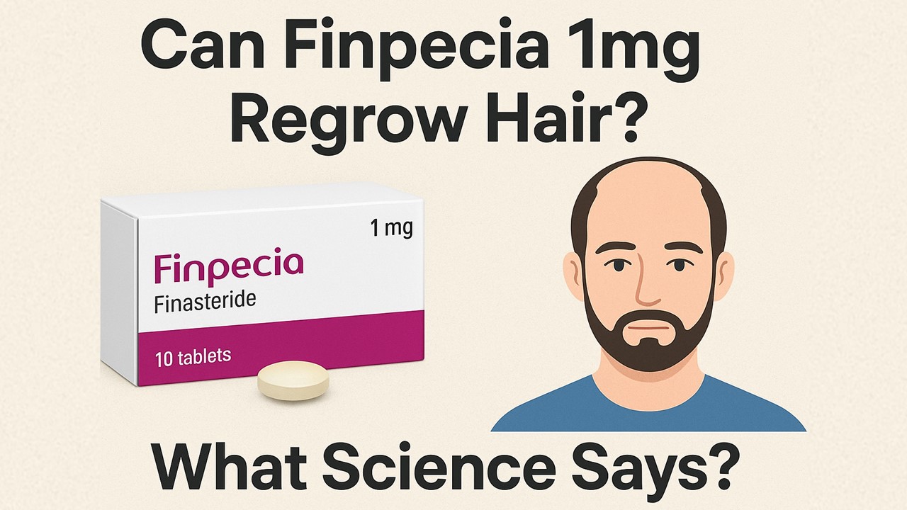 An infographic with the title 'Can Finpecia 1mg Regrow Hair?' showing a Finpecia 1mg tablet box, a pill, and an illustration of a balding man, with the subtitle 'What Science Says?