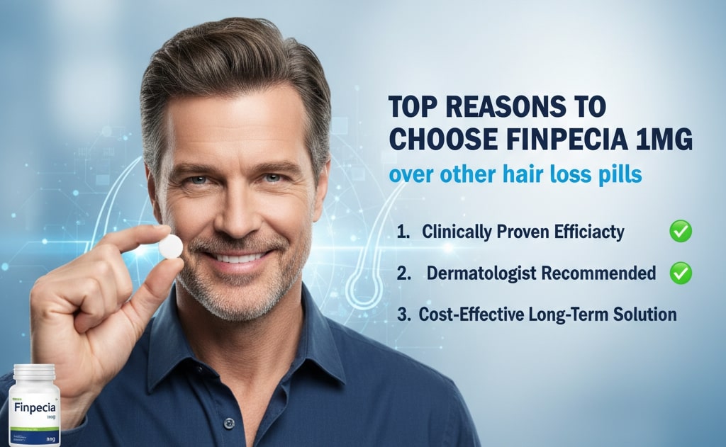 Top reasons to choose Finpecia 1mg over other hair loss pills (2) showing top reasons to choose Finpecia 1mg over other hair loss pills with benefits such as clinically proven hair growth, effectiveness for male pattern baldness, fewer side effects, and easy administration. Description: