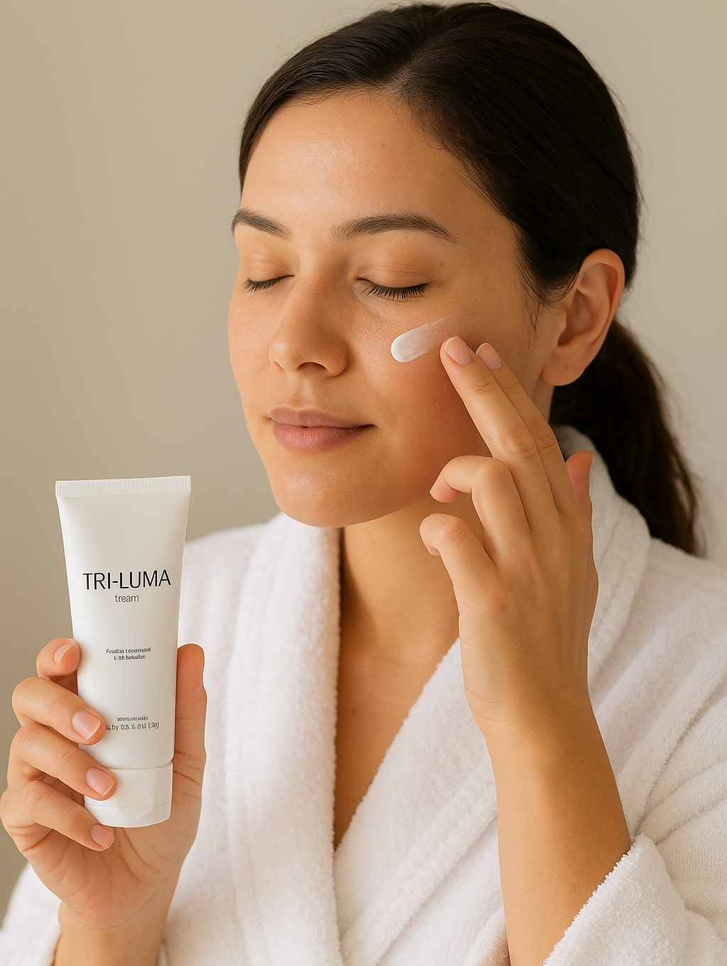 Tri-Luma cream tube surrounded by skincare products, towels, and natural elements, representing effective treatment for skin discoloration and radiant skin
