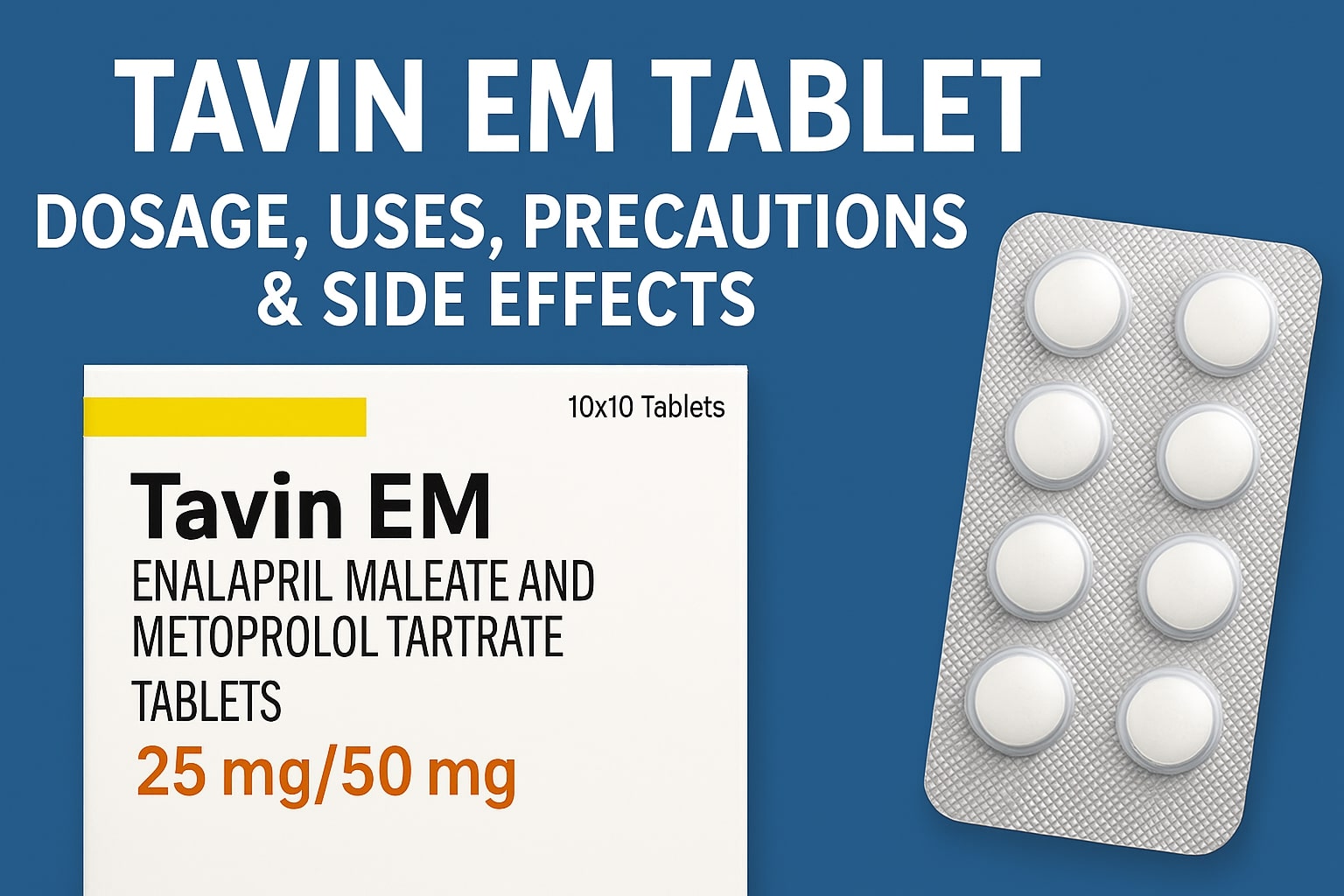 Tavin EM Tablet informational graphic showing packaging and blister pack on a blue background with the title “Dosage, Uses, Precautions & Side Effects