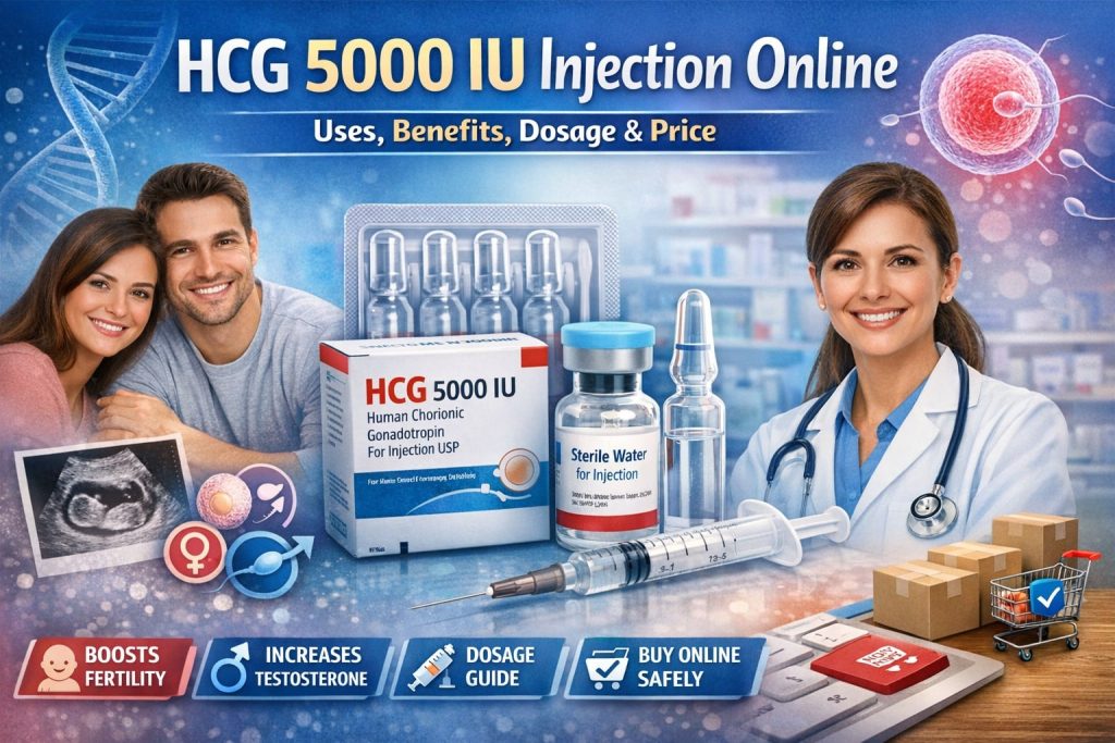 HCG 5000 IU injection online for fertility treatment showing vial, syringe, and medical consultation for ovulation and hormonal therapy