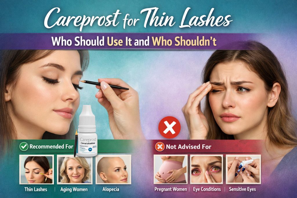 Careprost for thin lashes infographic showing who should use it and who should not use it for eyelash growth