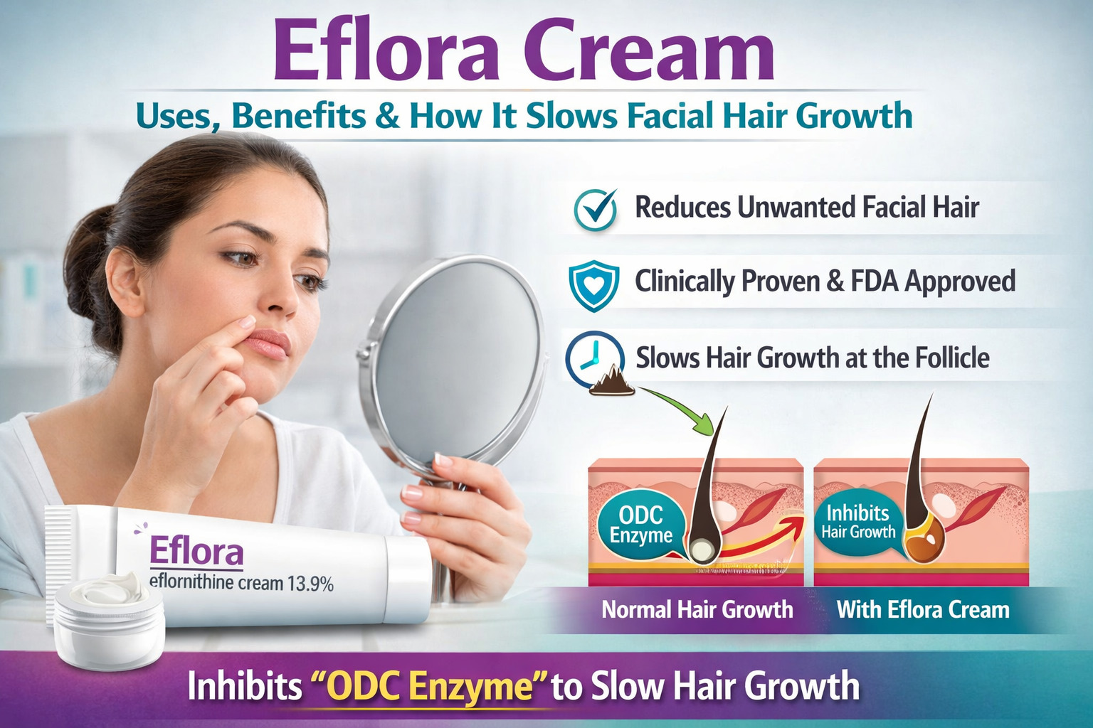 Eflora Cream reducing unwanted facial hair growth in women by slowing hair follicles