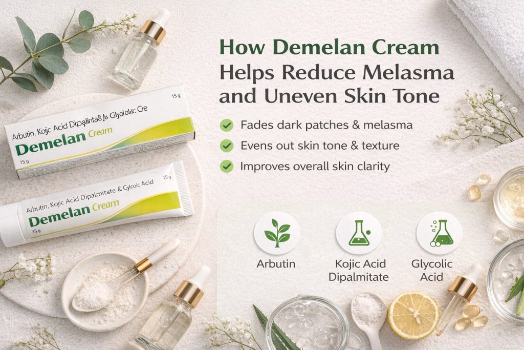 Demelan Cream for melasma and uneven skin tone with arbutin, kojic acid dipalmitate, and glycolic acid