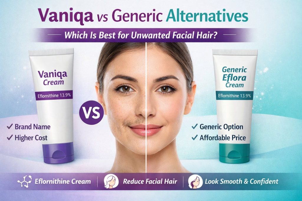 Comparison infographic of Vaniqa cream and generic alternatives for unwanted facial hair removal in women, highlighting eflornithine cream options, benefits, and usage for reducing facial hair growth.