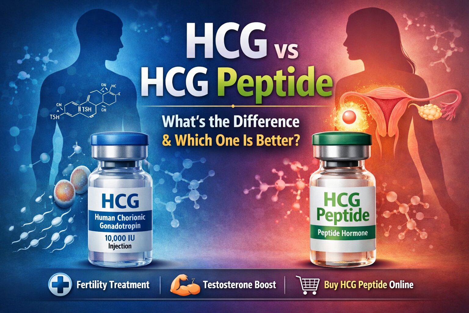 HCG vs HCG Peptide comparison showing hormone injection vials and reproductive health benefits including testosterone support and fertility treatment