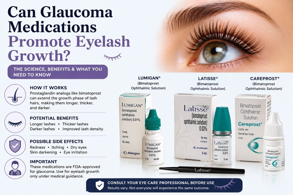 laucoma medications and eyelash growth featuring Latisse, Lumigan, and Careprost with benefits, side effects, and eyelash enhancement information.