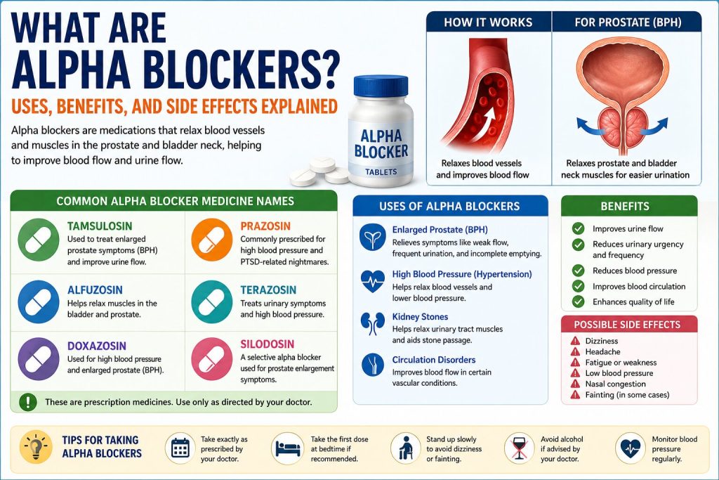 What Are Alpha Blockers infographic showing alpha blocker drugs, medicine names, uses, benefits, and side effects for BPH and high blood pressure
