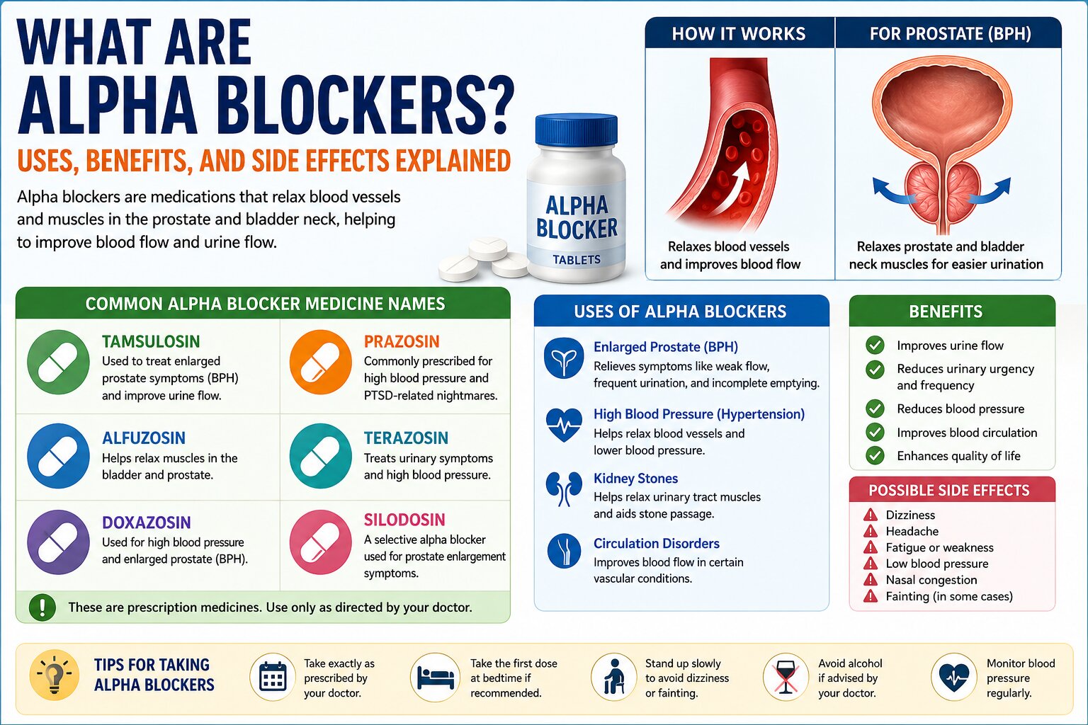 alpha-blocker What Are Alpha Blockers infographic showing alpha blocker drugs, medicine names, uses, benefits, and side effects for BPH and high blood pressure