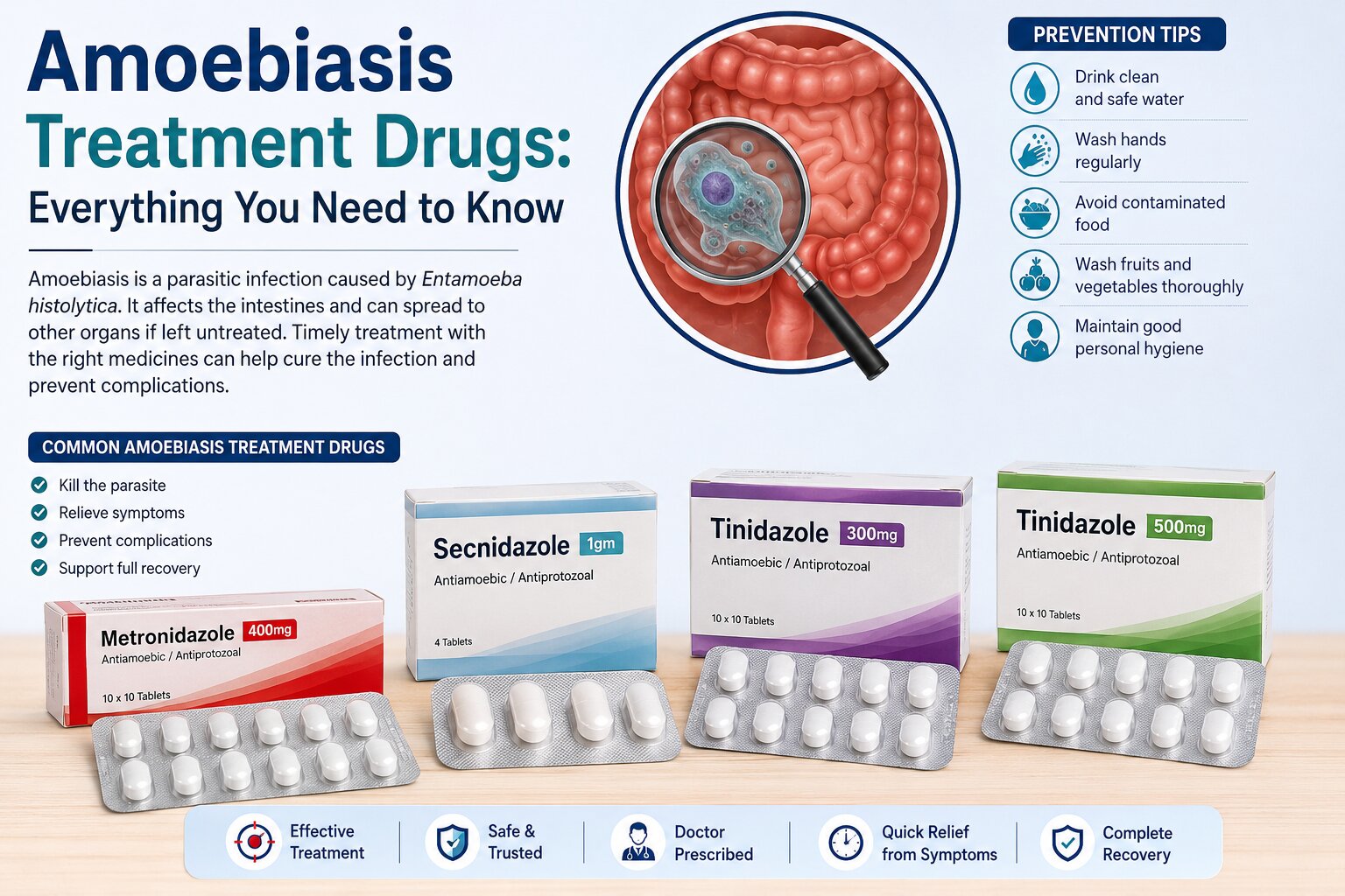 amoebiasis treatment drugs amoebiasis treatment drugs including Metronidazole 400mg, Secnidazole 1gm, Tinidazole 300mg, and Tinidazole 500mg with digestive infection graphics and prevention tips.