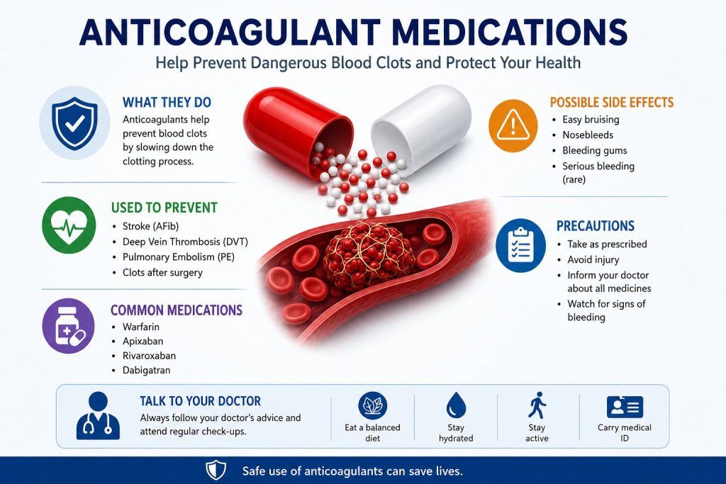 anticoagulant medications showing how blood thinners help prevent blood clots, common uses, side effects, precautions, and examples of anticoagulant drugs.