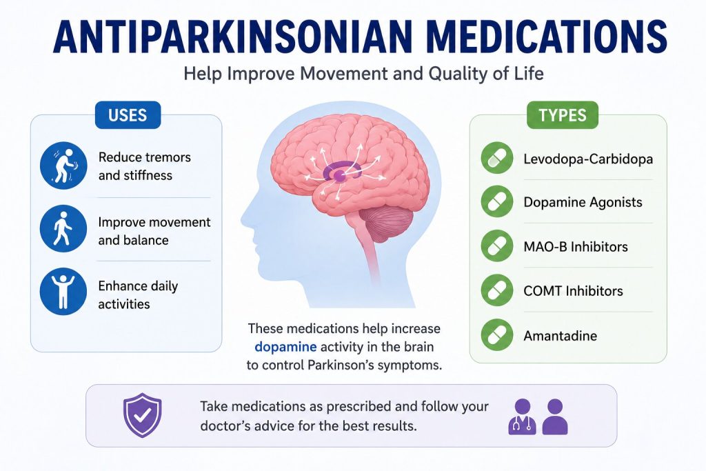 antiparkinsonian medications showing how these drugs help improve movement, reduce tremors, and increase dopamine activity in the brain.