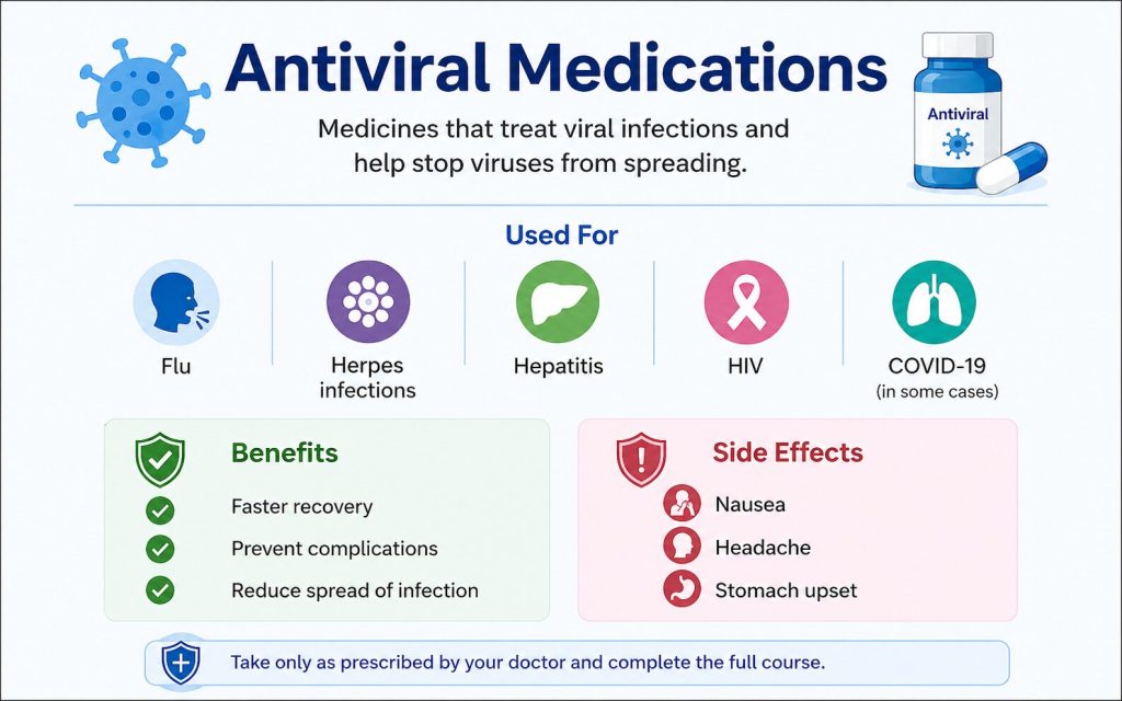 antiviral medications with icons showing treatment for flu, herpes infections, hepatitis, HIV, and COVID-19 along with benefits and side effects