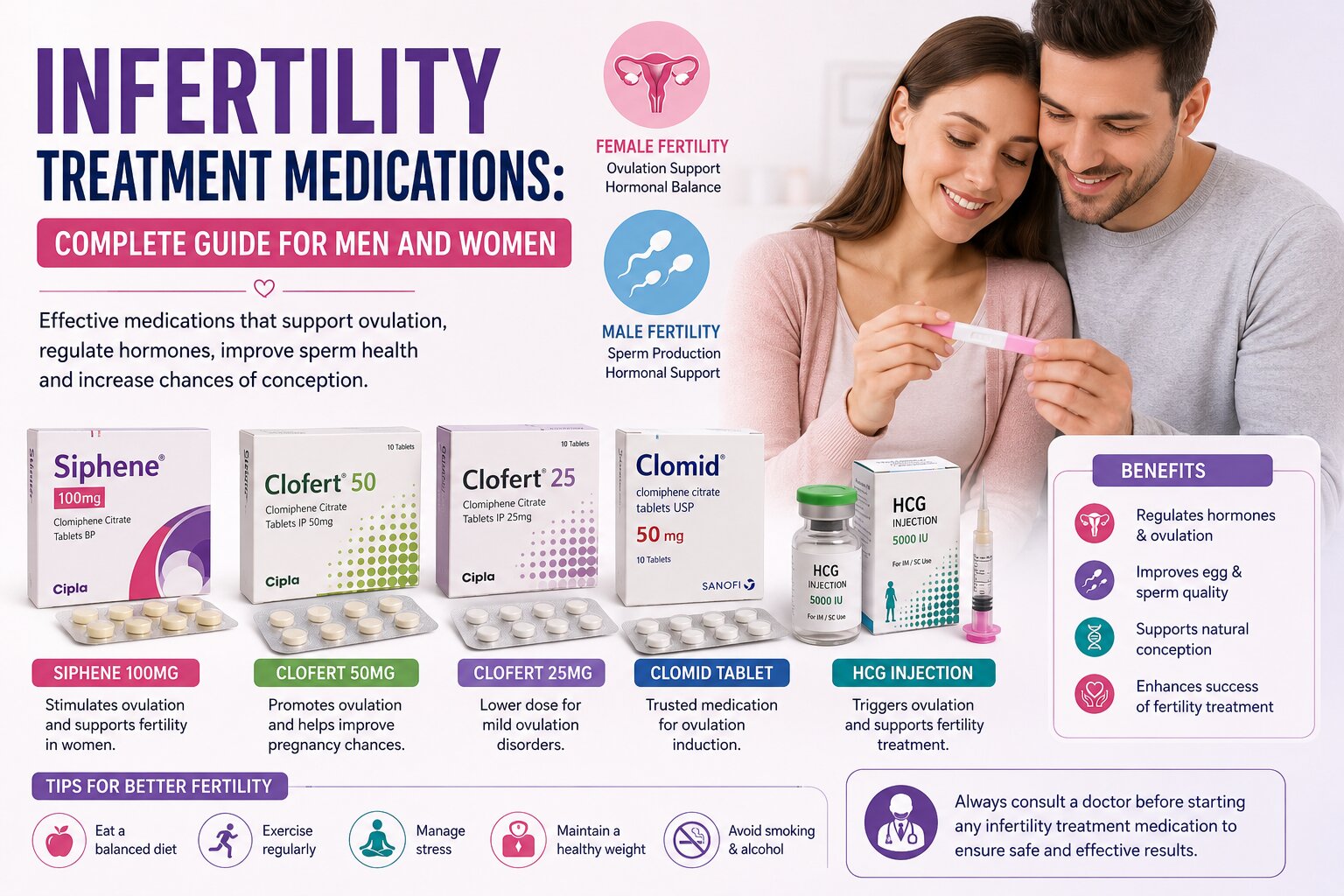 Infertility treatment medications infographic featuring Siphene 100mg, Clofert 50mg, Clofert 25mg, Clomid tablet, and HCG injection for male and female fertility support