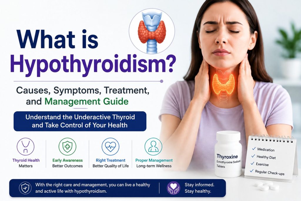 What is Hypothyroidism infographic showing thyroid gland illustration and woman with underactive thyroid symptoms