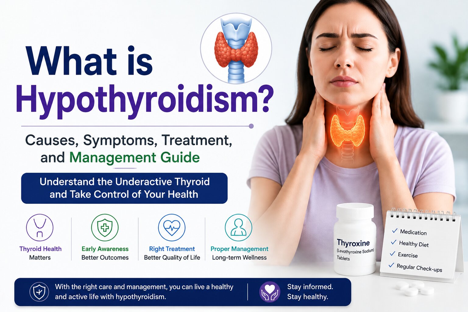 What is Hypothyroidism infographic showing thyroid gland illustration and woman with underactive thyroid symptoms