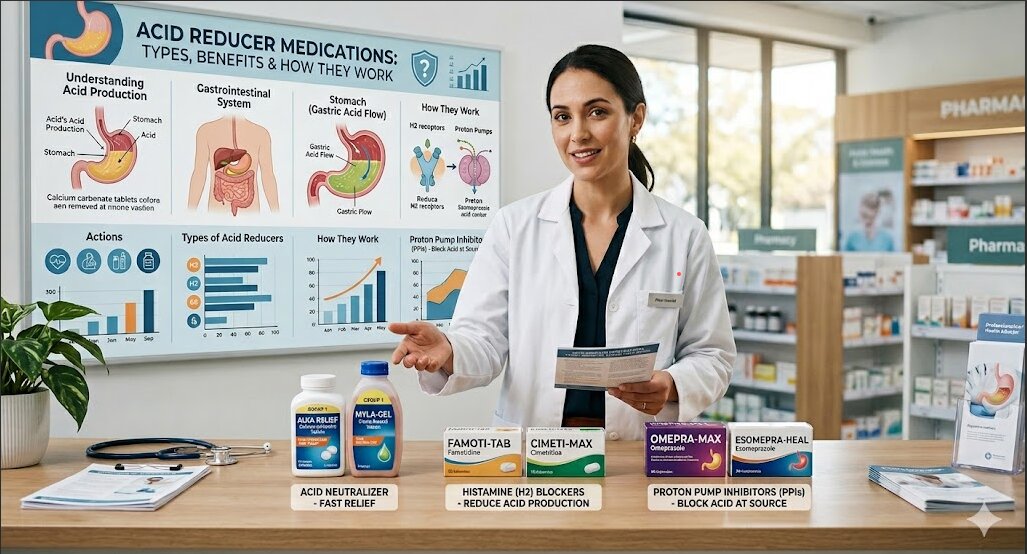 Acid reducer medications Acid reducer medications used for heartburn, acid reflux, GERD, and stomach acid management.