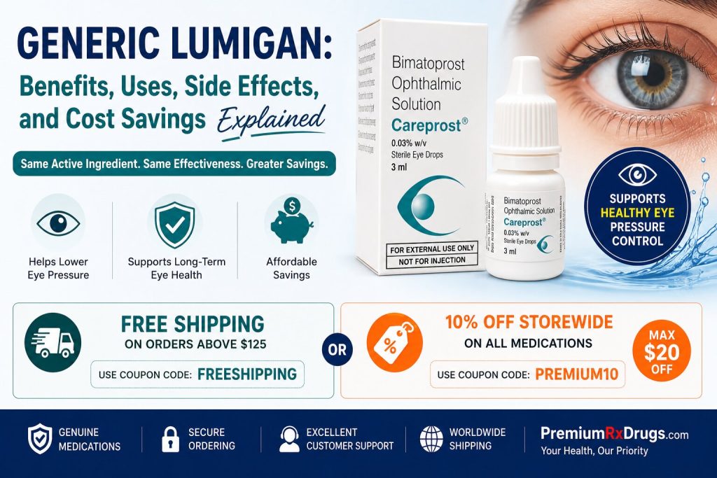Generic Lumigan (Bimatoprost) eye drops infographic highlighting benefits, eye pressure control, and cost-saving offers