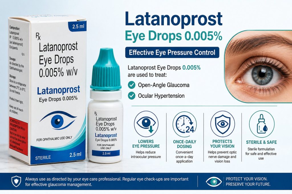 Latanoprost Eye Drops 0.005% infographic showing glaucoma treatment benefits, including lowering eye pressure, once-daily dosing, vision protection, and safe ophthalmic use with eye drop bottle and healthy eye illustration.