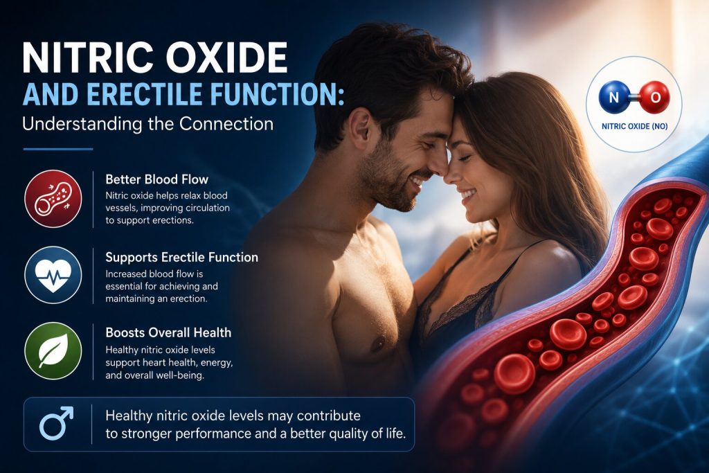 Nitric oxide and erectile function concept image showing improved blood flow, vascular health, and a healthy couple, illustrating the connection between nitric oxide and male sexual wellness.