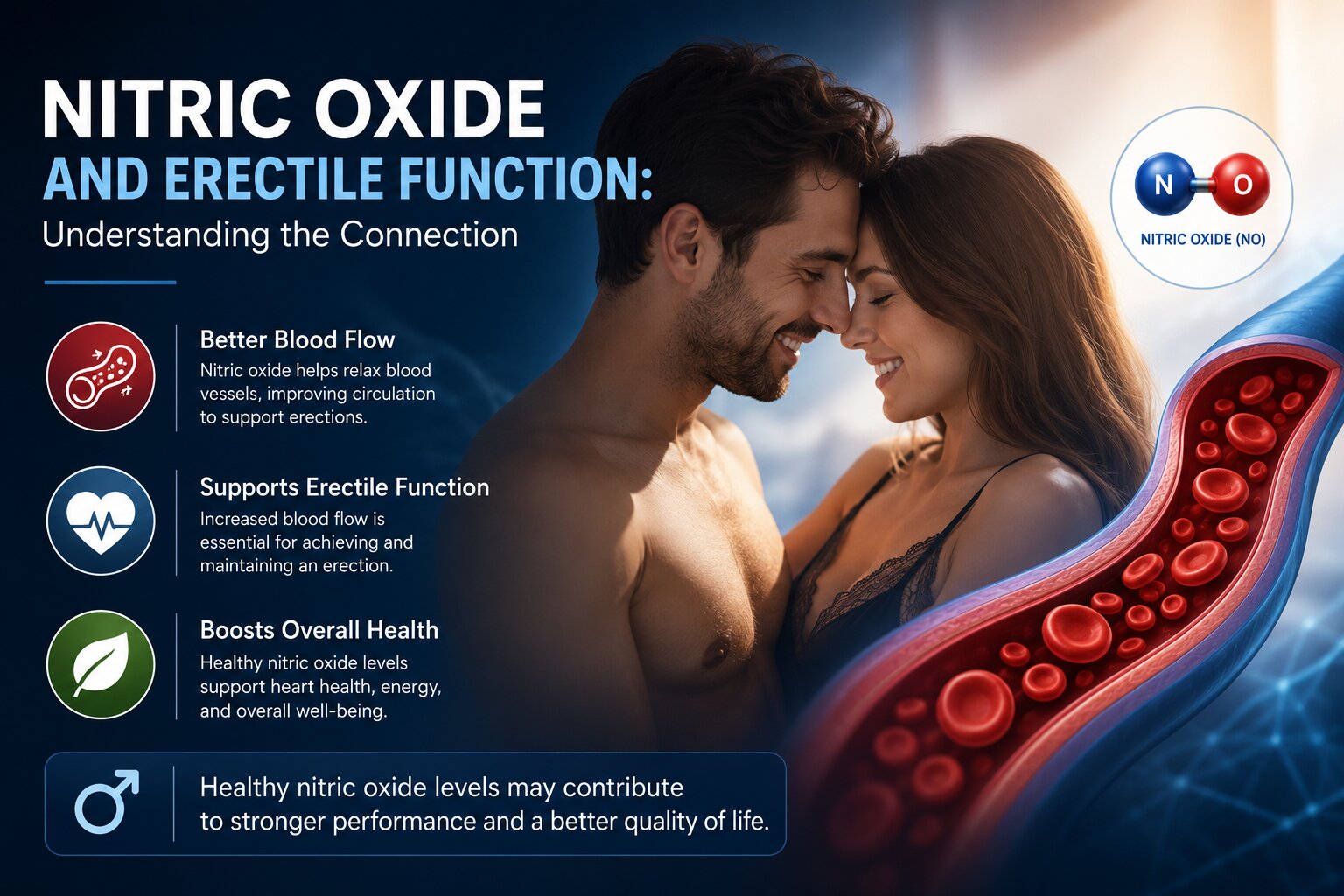 Nitric Oxide and Erectile Function – Understanding the Connection Nitric oxide and erectile function concept image showing improved blood flow, vascular health, and a healthy couple, illustrating the connection between nitric oxide and male sexual wellness.