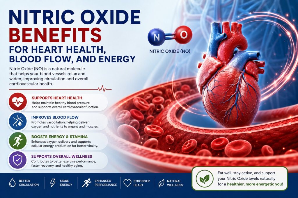 Nitric oxide health benefits infographic showing a human heart, blood vessels, and circulation, highlighting improved heart health, blood flow, energy, stamina, and overall wellness.