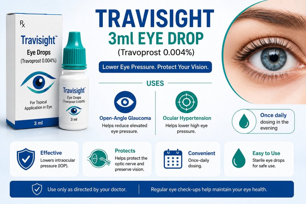 Travisight 3ml Eye Drop infographic featuring Travoprost 0.004% eye drops for glaucoma and ocular hypertension, highlighting eye pressure reduction, vision protection, and once-daily dosing.