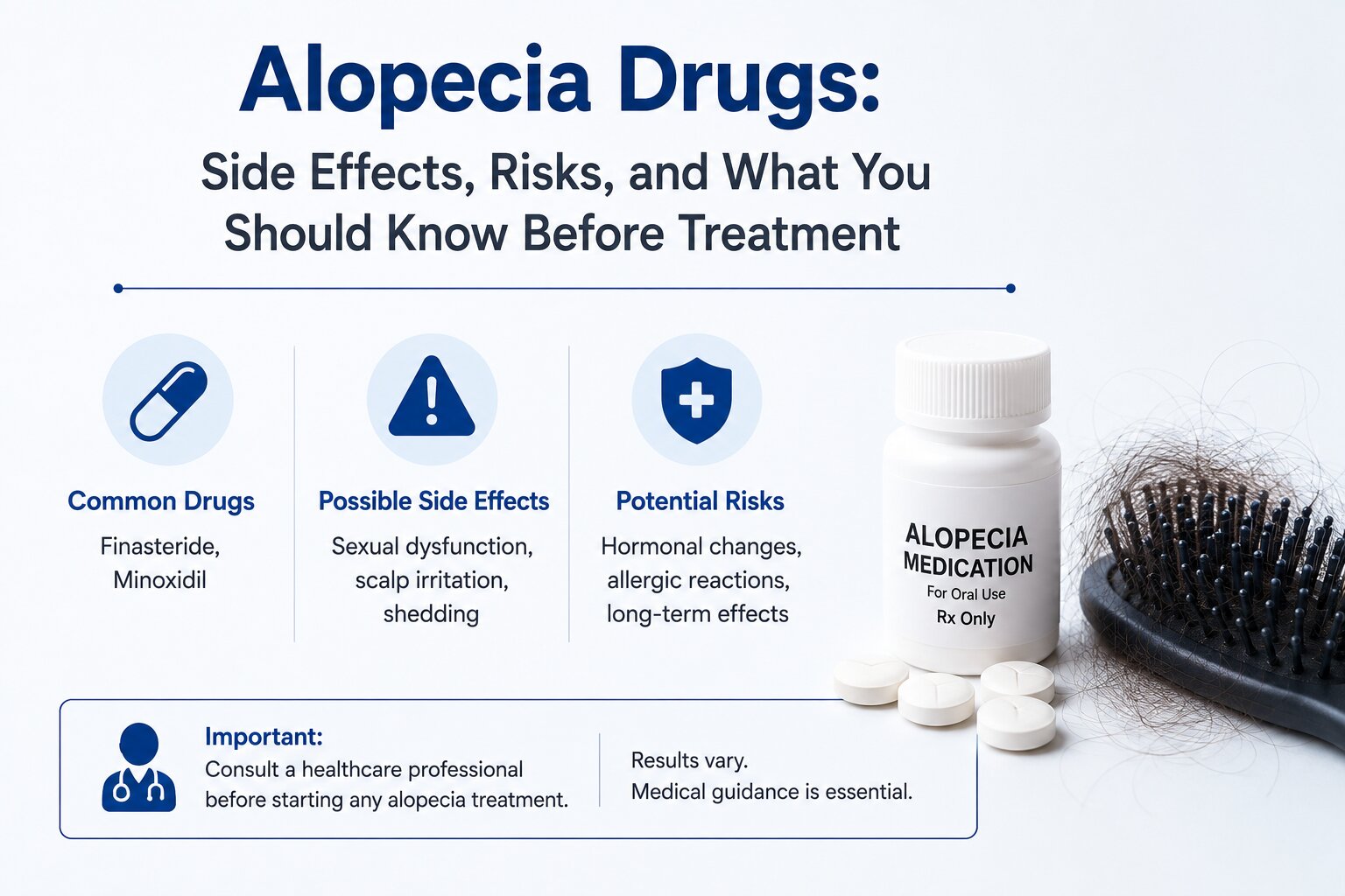 Alopecia drugs infographic showing common hair loss medications, potential side effects, treatment risks, and the importance of medical supervision before starting therapy.