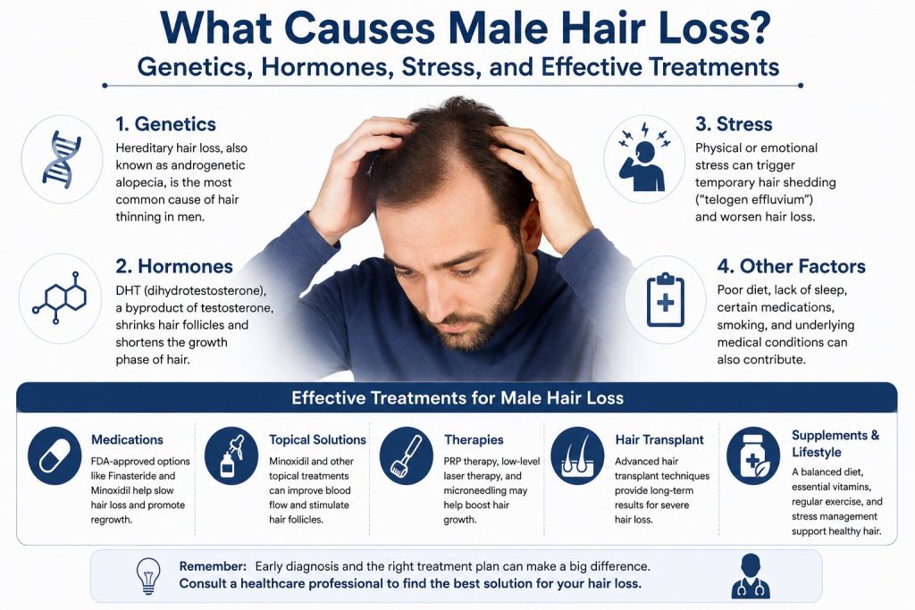 causes of male hair loss, including genetics, hormones, stress, and treatment options such as Finasteride, Minoxidil, hair transplant, and lifestyle changes