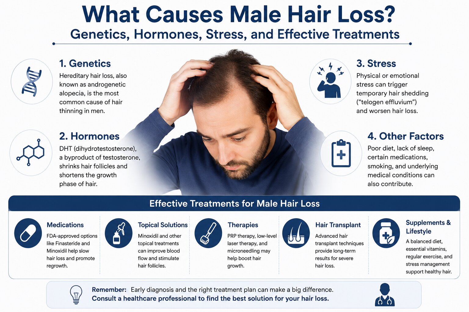 causes of male hair loss, including genetics, hormones, stress, and treatment options such as Finasteride, Minoxidil, hair transplant, and lifestyle changes