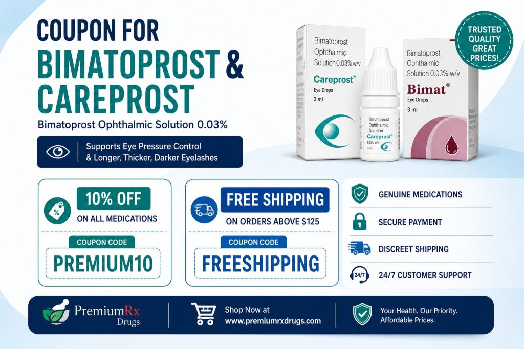 Bimatoprost and Careprost coupon banner featuring 10% OFF with code PREMIUM10 and free shipping above $125 using code FREESHIPPING at PremiumRxDrugs.