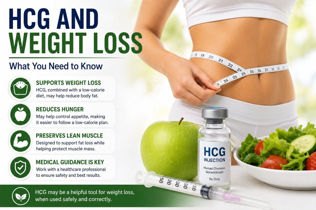 HCG weight loss concept image showing a person measuring their waist alongside an HCG injection vial, healthy foods, and a fitness-focused lifestyle theme.