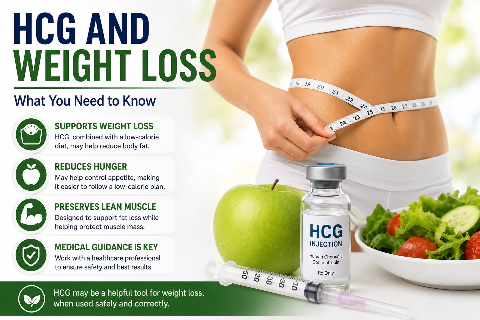 HCG and Weight Loss – What You Need to Know HCG weight loss concept image showing a person measuring their waist alongside an HCG injection vial, healthy foods, and a fitness-focused lifestyle theme.