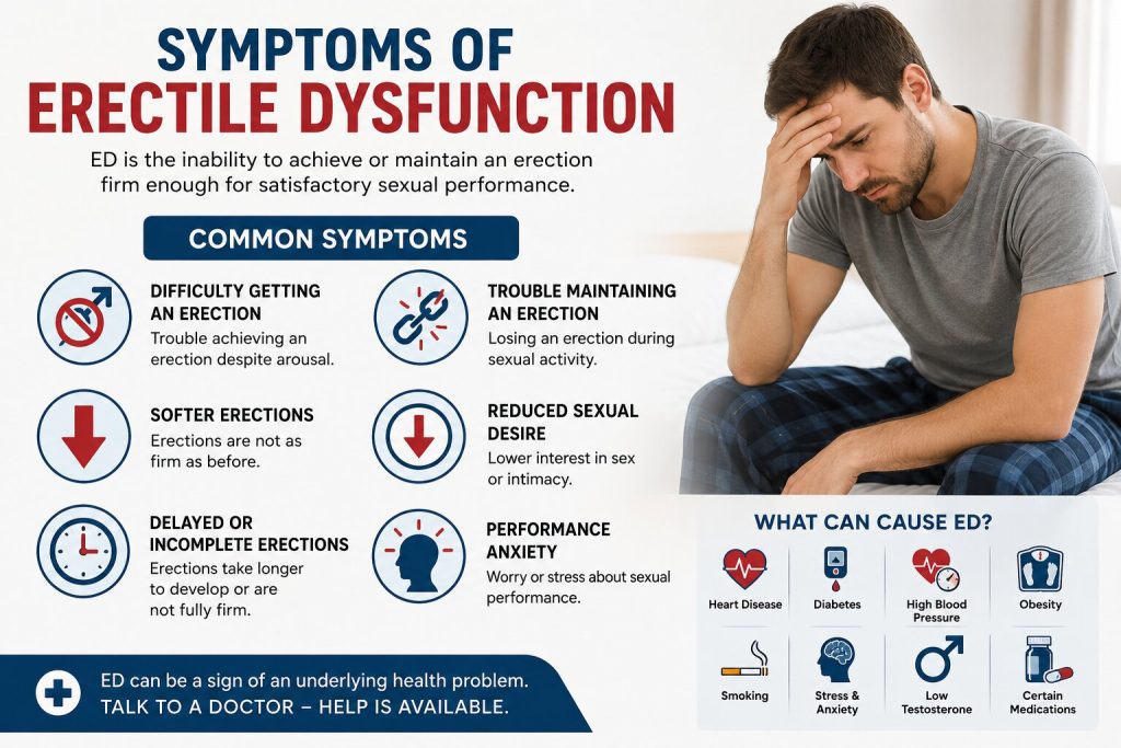 Symptoms of erectile dysfunction infographic showing common ED signs and potential health-related causes