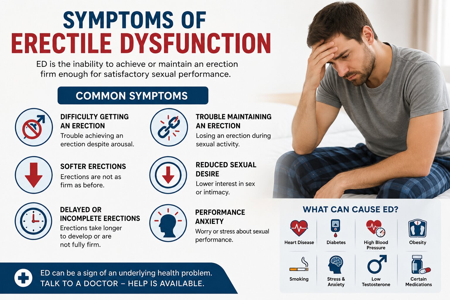 Symptoms of Erectile Dysfunction: Early Signs, Causes, Symptoms of erectile dysfunction infographic showing common ED signs and potential health-related causes