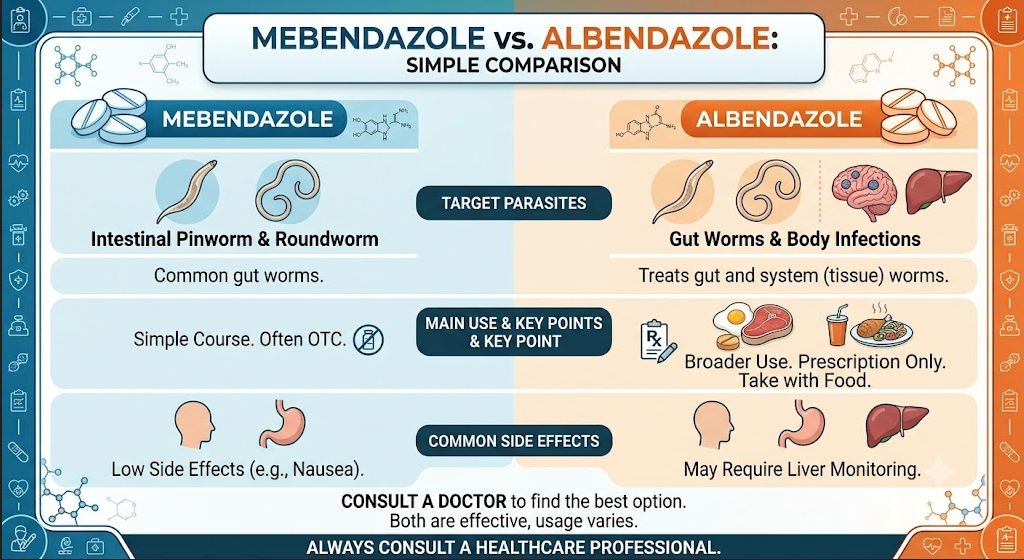 Mebendazole vs Albendazole: Which Anti-Worm Medicine Is Better for Parasitic Infections? Mebendazole vs Albendazole showing uses, mechanism of action, worm infections treated, treatment duration, side effects, cost, and effectiveness for parasitic worm infections.