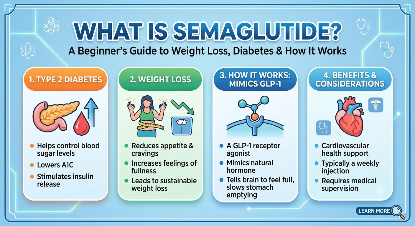 Semaglutide injection pen for weight loss and type 2 diabetes treatment with healthy food and glucose monitoring supplies.