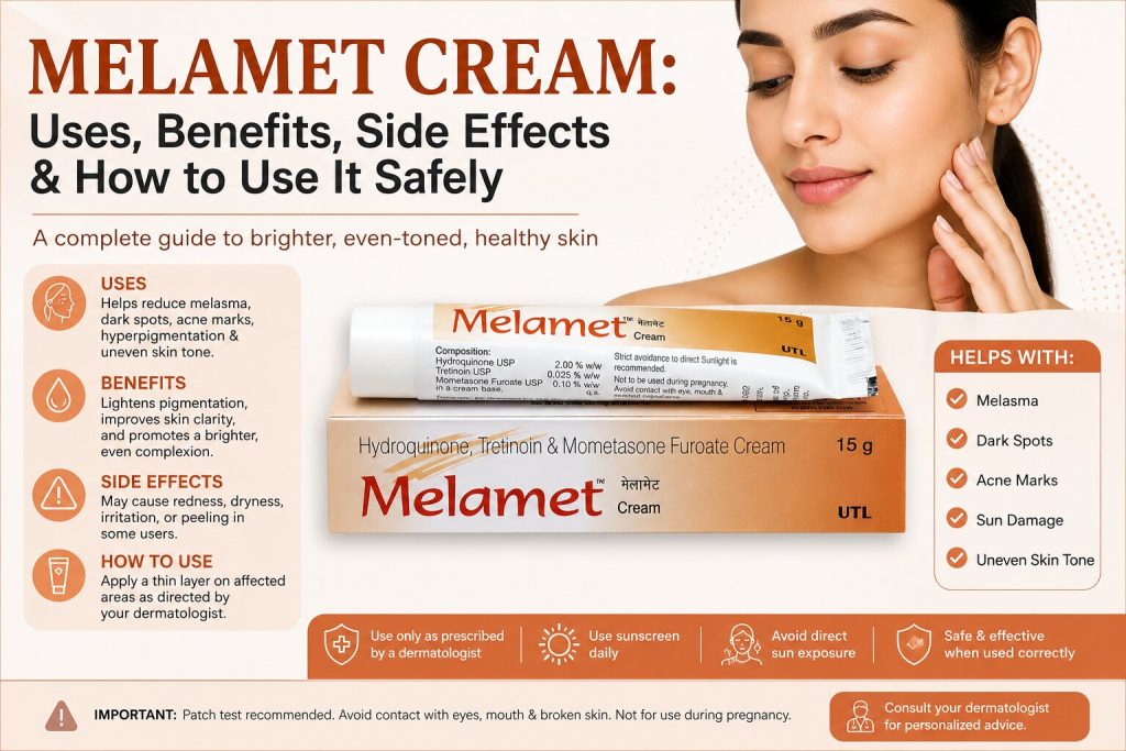 Melamet Cream (Hydroquinone, Tretinoin & Mometasone Furoate) for melasma, dark spots, and hyperpigmentation treatment