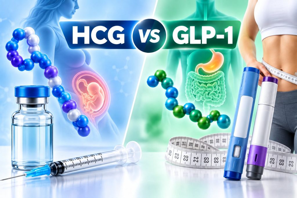 HCG vs GLP-1 medicines comparison with injection vial and GLP-1 injection pens