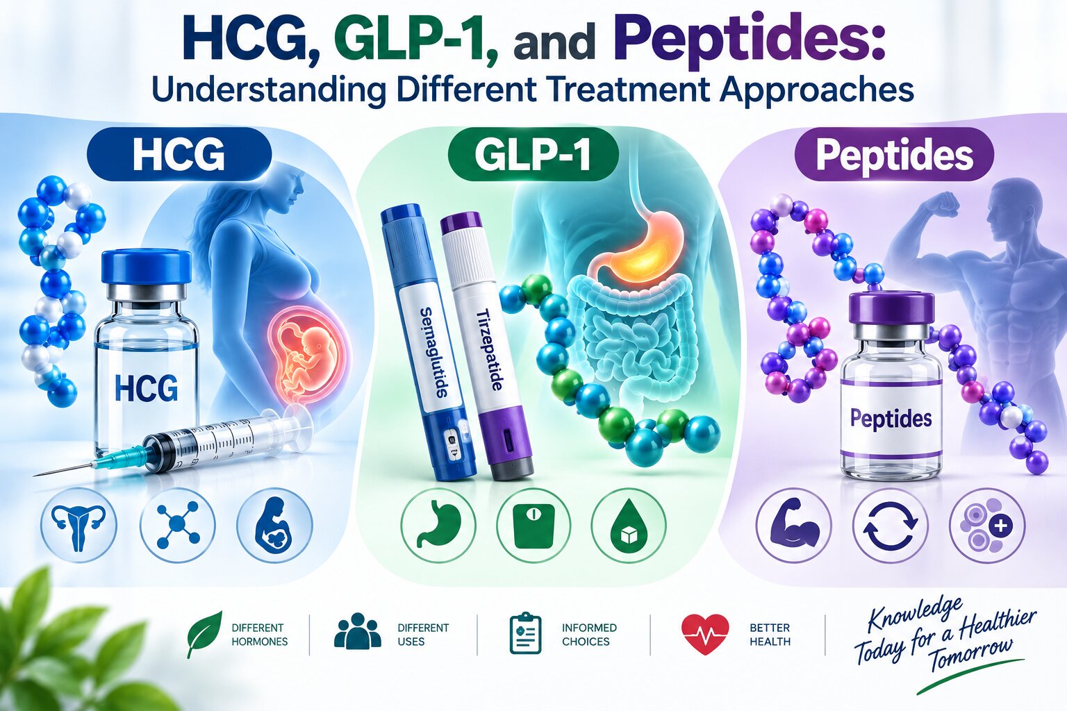 HCG, GLP-1, and Peptides: Treatment Approaches HCG, GLP-1, and peptides showing different treatment approaches